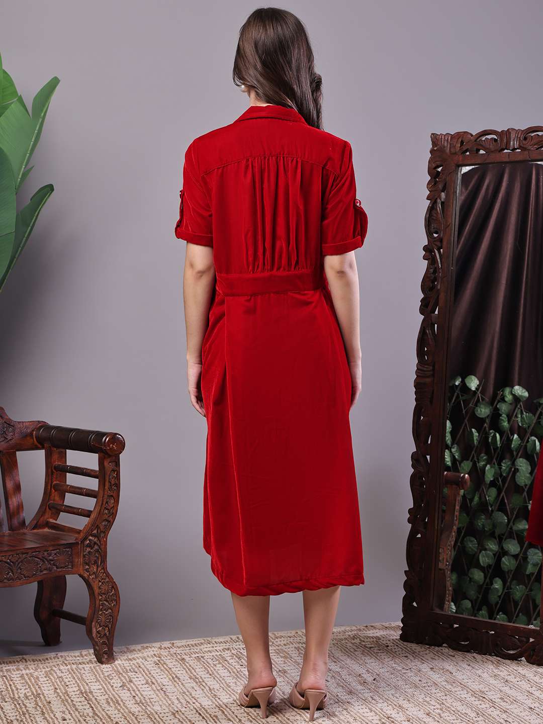 Women's Red Velvet Solid Printed Shirt Midi Dress with Belt - Image 2
