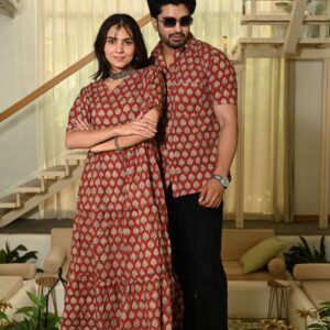 Couple Matching Red Cotton Anarkali Midi Dress and Shirt Set ? Gold Leaf Block Print